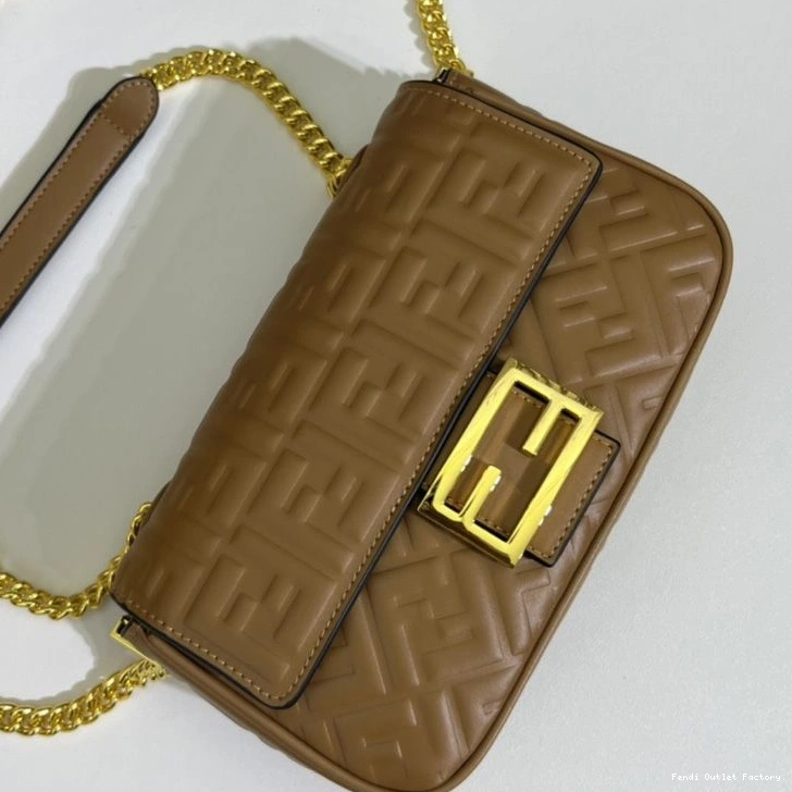 Affordable HOT FF Nappa Brown In Motif Fendi Leather Midi Chain Baguette Bag 0801